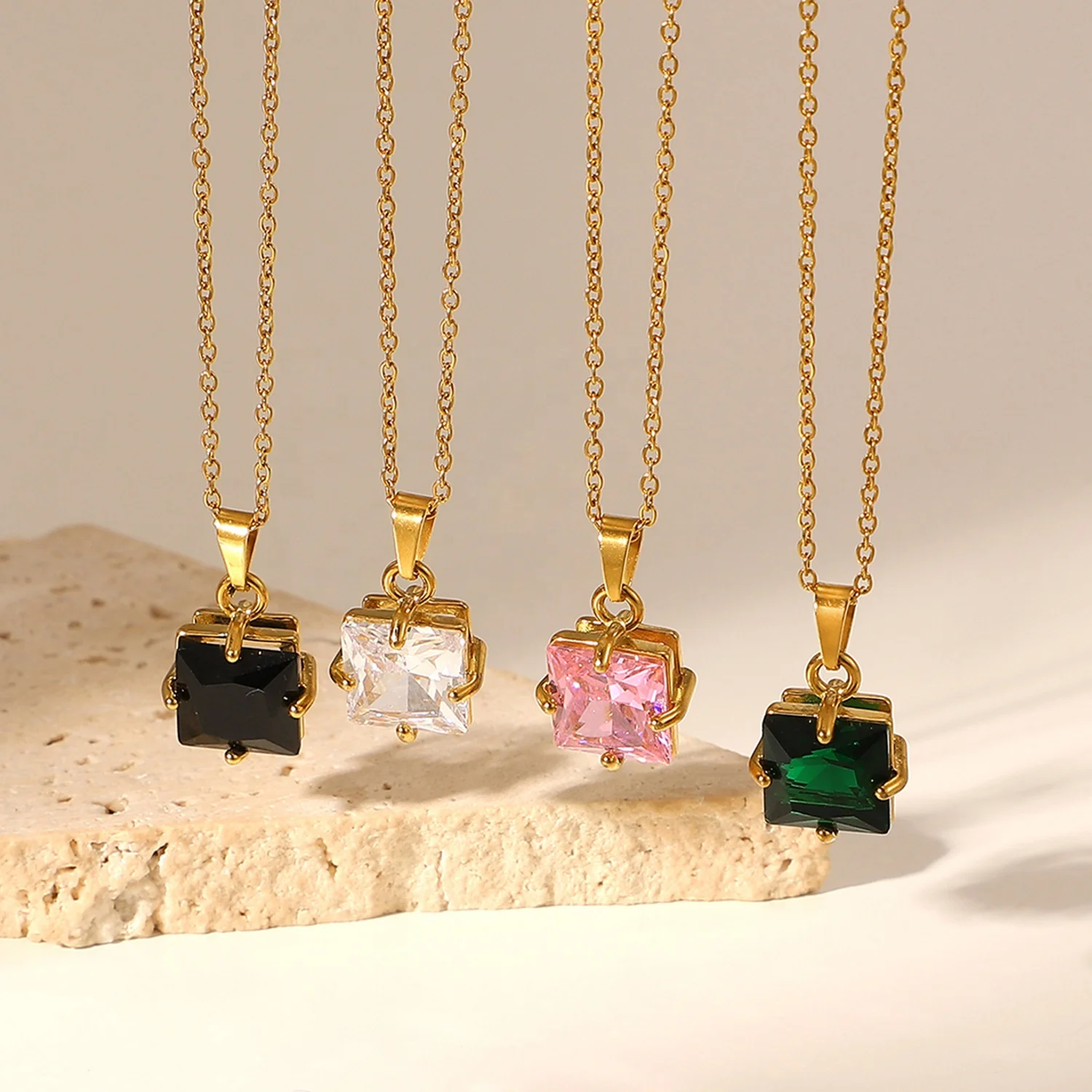 

R.Gem. Ins Style 18K Gold Plated Stainless Steel Square Shape Cubic Zirconia Necklace