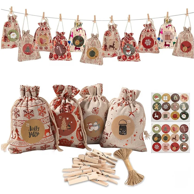 

13*18 Home Decorations Wooden Clips Candy Bags 24 Days Hanging Burlap Drawstring Gifts Bags Christmas Advent Calendar Linen Bags