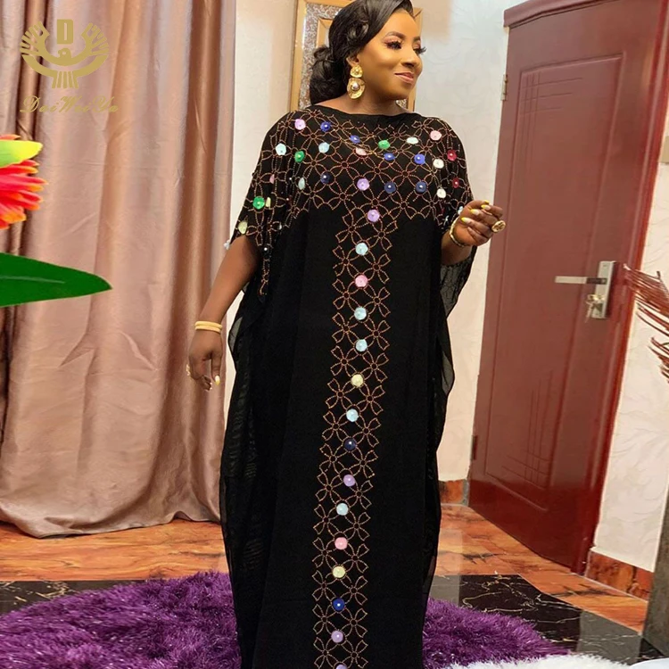 

Stones Africa Printed Black Silk Abaya Kaftan Women Plus Clothing