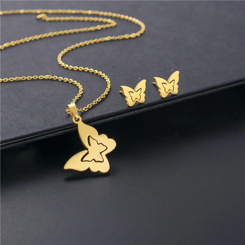 

Hot Sell Stainless Steel Gold Butterfly Necklace Earrings Suit Jewelry Set For Ladies
