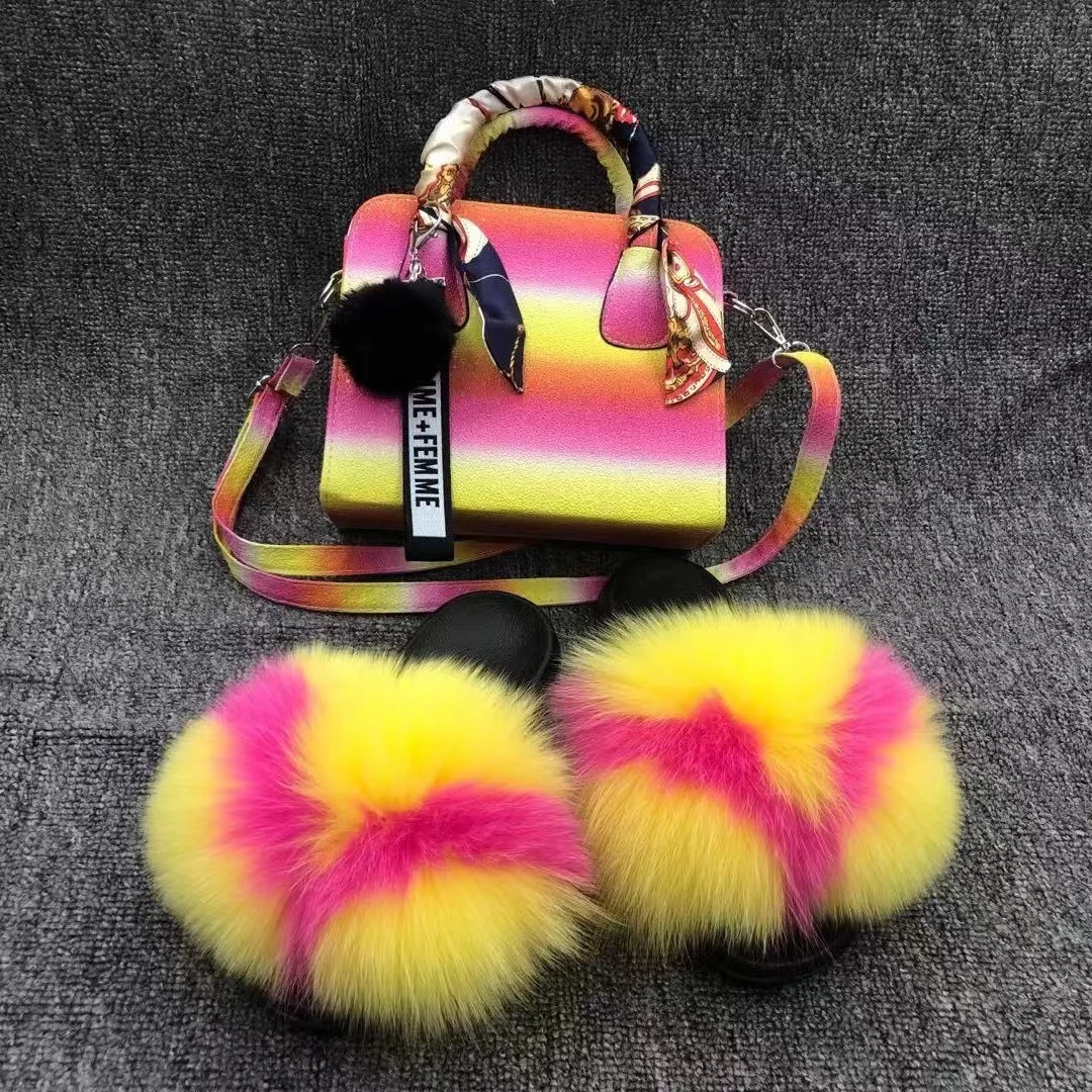 

High quality plush furry slippers and purse women's slippers girls' slippers fur suit