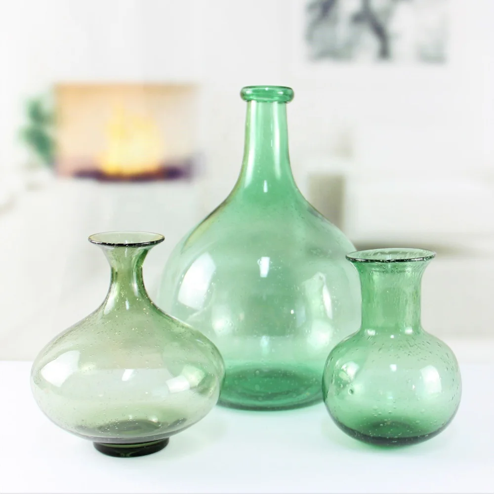

wholesale large tall small round modern home decor green colored transparent bubble effect flower glass vase