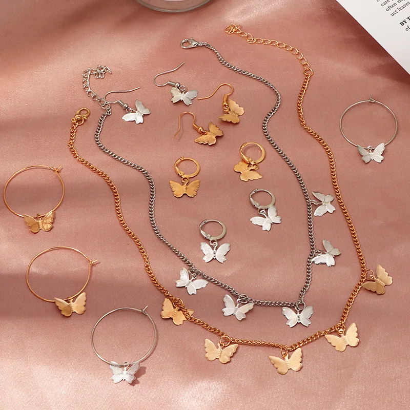 

European and American Hotsale Silver Gold Plating Adjustable Chain Multilayer Butterfly Necklace Butterfly Earrings Necklace