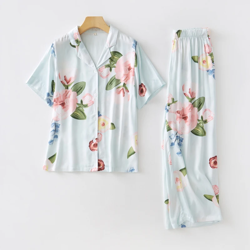 

Summer Ladies Pajamas Pants Set Viscose Peony Flower Short sleeved Pyjamas Print Home Clothes Suit Women