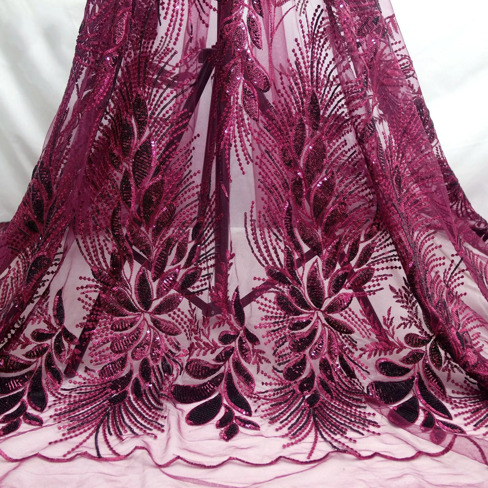 

Noble african burgundy sequined tulle lace fabric for dress, Accept customized color