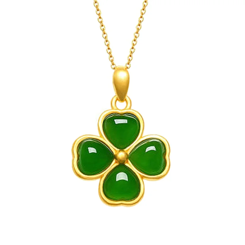 

Petal Four Leaf Clover Pendant 24K Gold Plated Inlaid Heart-Shaped Hetian Chalcedony White Chalcedony Pendant