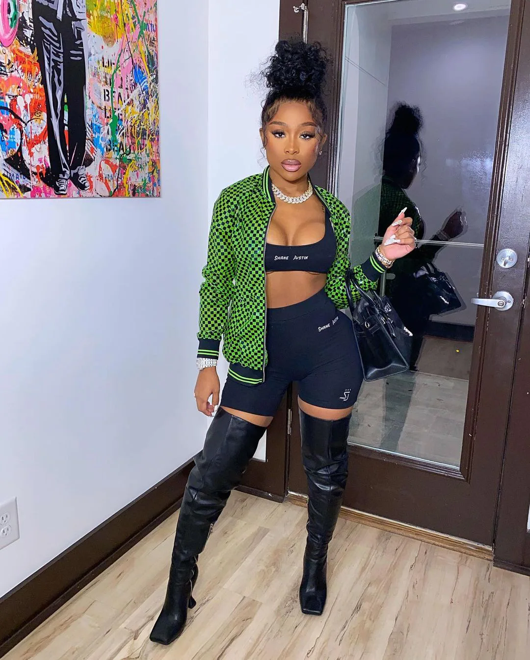 

Fashion Fall Winter Checkerboard Print Zipper Ladies Baseball Uniform Women Coats and Jackets