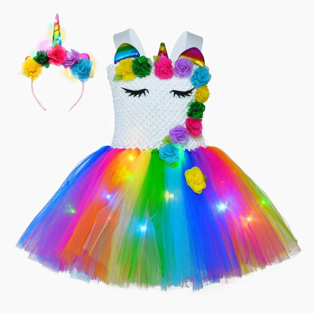 

Cosplay Rainbow Unicorn Tutu LED Dress Birthday Party Gift Little Girls Unicorn Dance Dress Costume with Headband and Wings, Photo