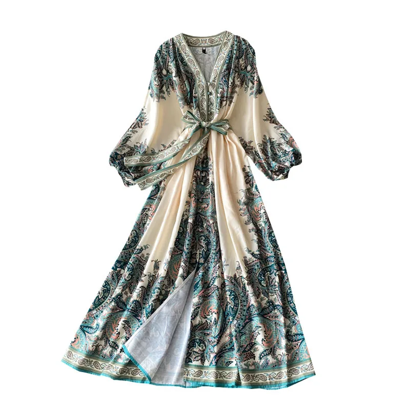 

Vintage ethnic style printing Batwing Sleeve empire V neck dresses fashion long even dress
