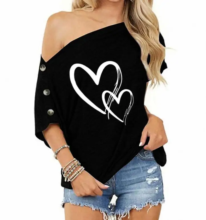 

Women Off The Shoulder Tops Love Heart Print Buttons Short Sleeve Sexy Loose Blouse T Shirt