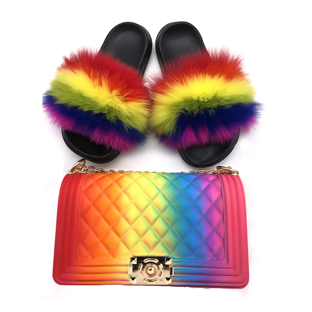 

Furry rainbow set real fox silicone jelly purse fur women fluffy sandals slippers wholesale fur slides and matching purse, As picture show or customized