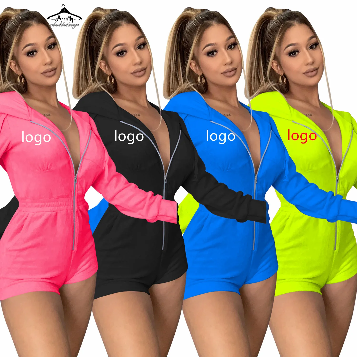 

New sports hood jumpsuit half zipper romper activewear long sleeve shorts jumpsuits for woman