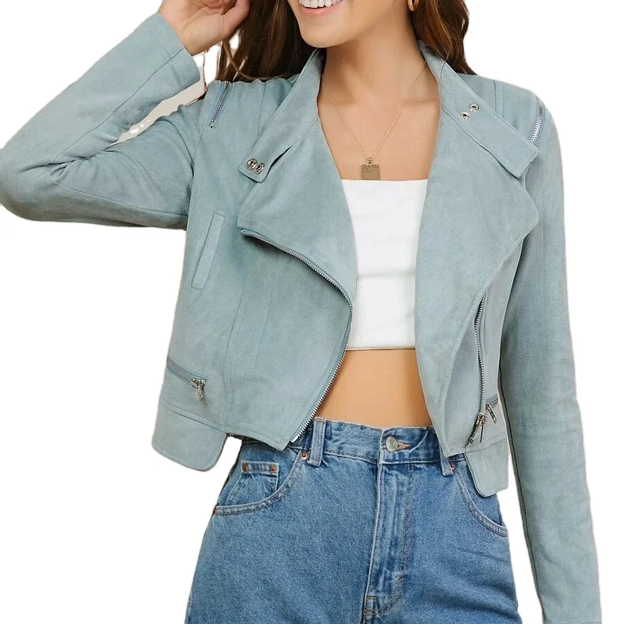 

Mint Blue Zip Up Suede Motor Jacket Plus Size Ladies Moto Jacket For Winter