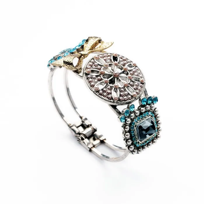 

Sl00240 Vintage Pearl Crystal Trim Multi Element Charm Bangle Bracelets Charms For Bracelet FLower Blue, Rose gold