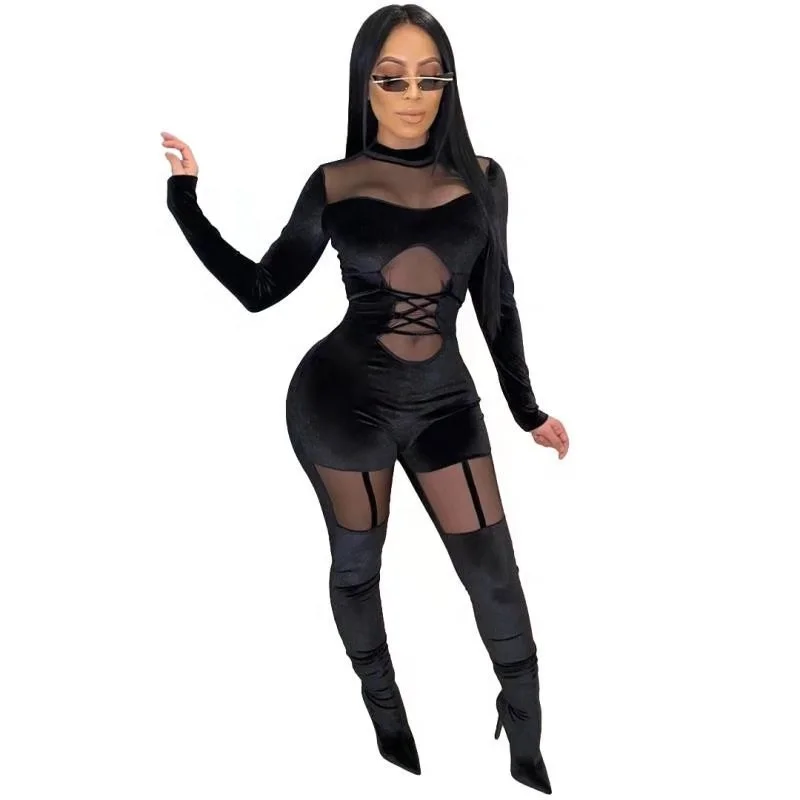 

2021New Style Mesh Transparent Rompers Pleuche Hollow Out Patchwork Solid Color Sexy Bodycon Night Club Jumpsuits for Women