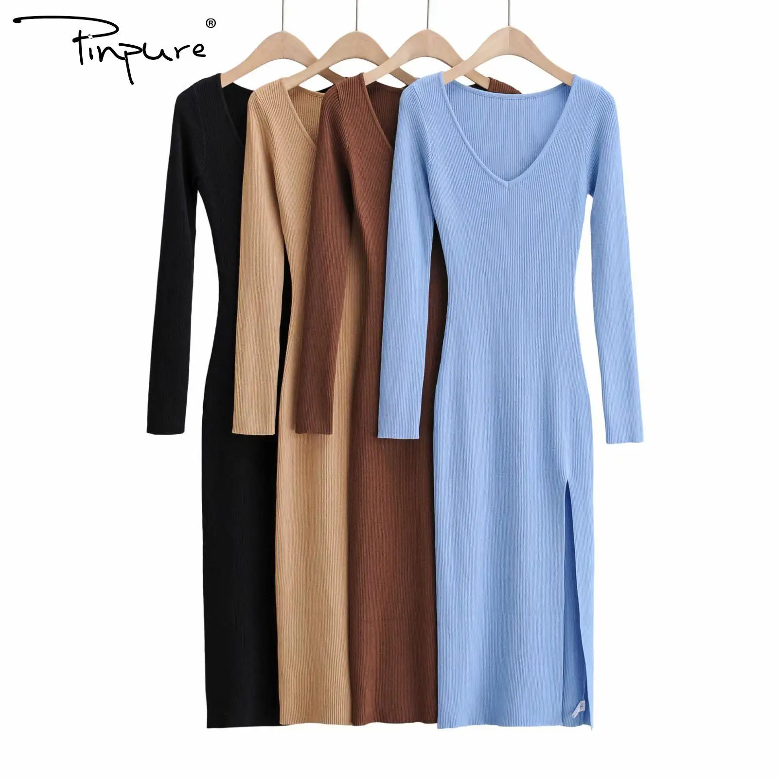 

R51094S New Autumn and winter beauty fashion V-neck side cardigan knitted long-sleeved dress mid-length skirt, Picture color