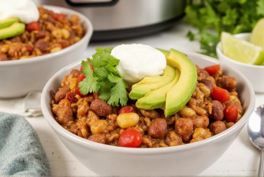 Finished crockpot chicken chili served in bowls with various toppings including avocado, sour cream, and cilantro