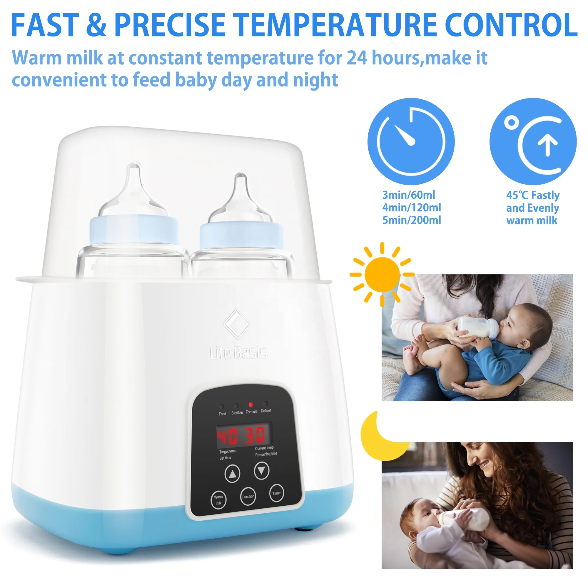 Multi Function Digital Smart Touch Fast Heating Thermostat Double Baby Milk Bottle Warmer with Food Warm and Sterilize