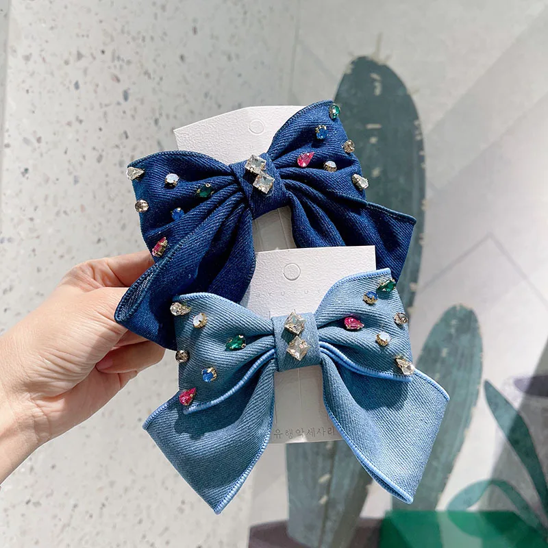 

Korean New Fabric Big Bow Hairpin Temperament Headdress Crystal Rhinestone Clip Denim Spring Clip For Women Hair Accessories