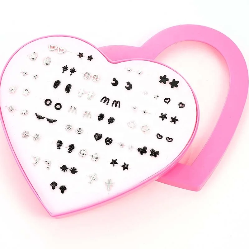 

Mini 36 pairs Mixed Black and Silver lock Snowflake Butterfly Cross Stud Earrings Women Love Pink Heart Box Holding Gif Earring, Picture show