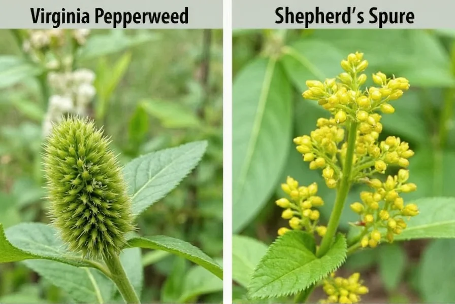 Side-by-side comparison of Virginia pepperweed and shepherd's purse showing differences in seed pod shape and flower structure