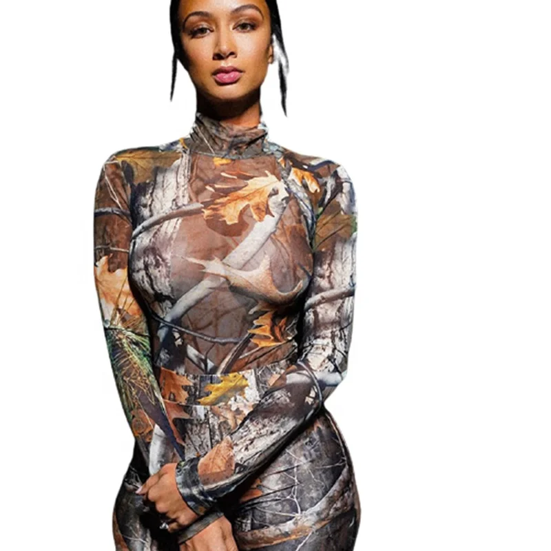 

Hot Sale Helarocky Clothing Leaf Print Mesh Long Sleeve Bodysuit 2 Piece Winter Jumpsuit For Women