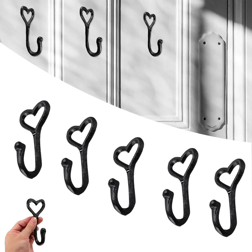 

5Pcs Love Heart Coat Hooks Cast Iron Wall Mount Hat Hook Key Holder Farm Ranch Vintage Antique Decorative, Black