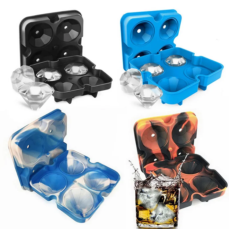 

Hot 4 Cavity Diamond Shape Mold Silicone Ice Cube Trays Whiskey Ice Ball Maker Reusable Silicone Ice Ball Mold, Black,blue