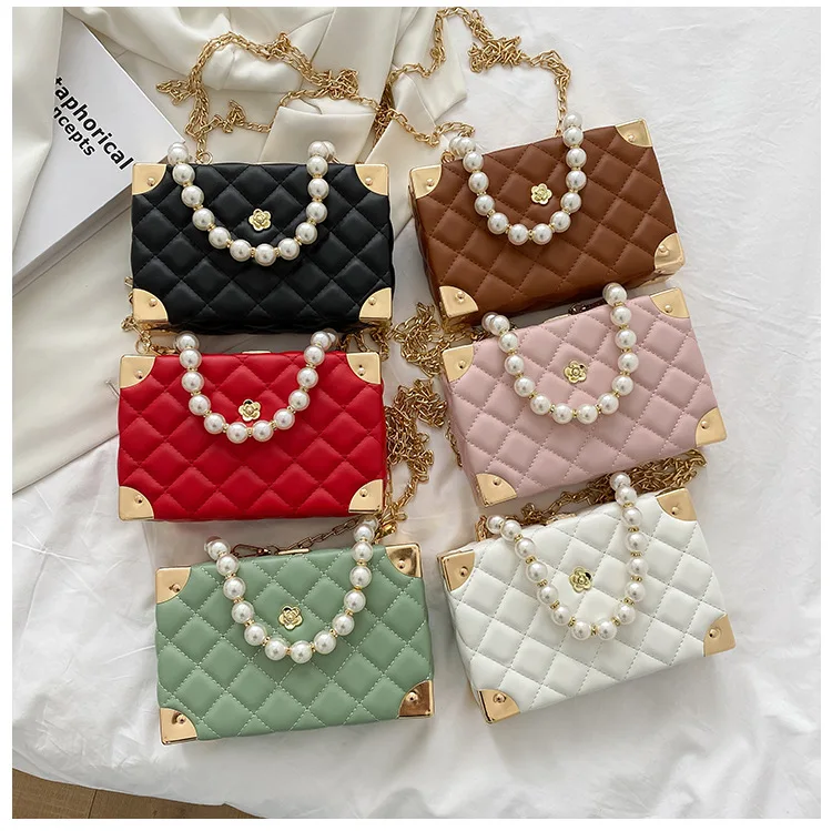 

2021 new female ladies chain bag pearl portable diagonal small square bag Korean embroidered thread box bag, Customizable