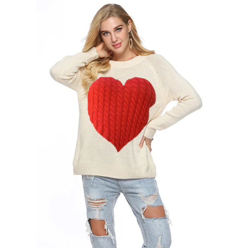 

SW-043 latest multi-color heart print long sleeve woolen sweater tops ladies casual valentine kniited sweater wholesale, Picture show