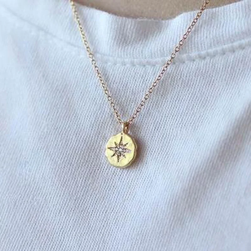 

Sland Star Round Pendant With Diamond Titanium Steel Gold Plated necklace