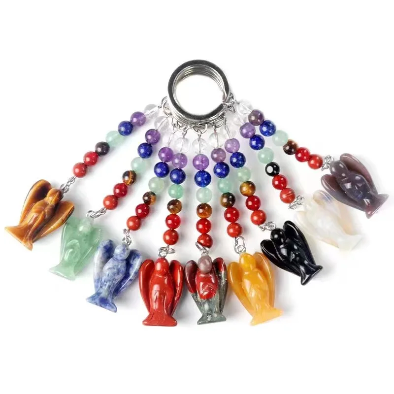 

crystals healing gemstone accessories natur colorful 7 chakra mixed quartz crystal angels key chains for gift
