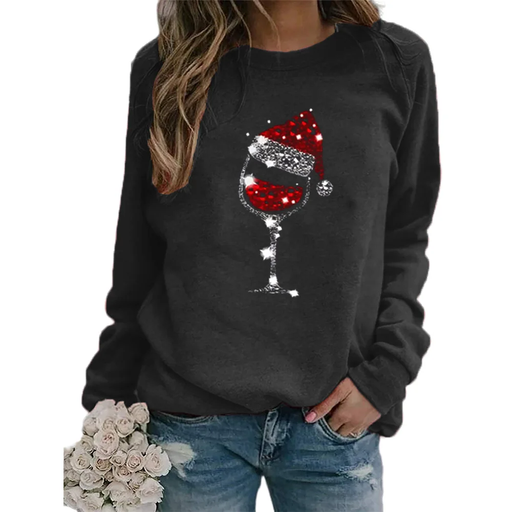 

Christmas hat printed round neck long sleeve sweater