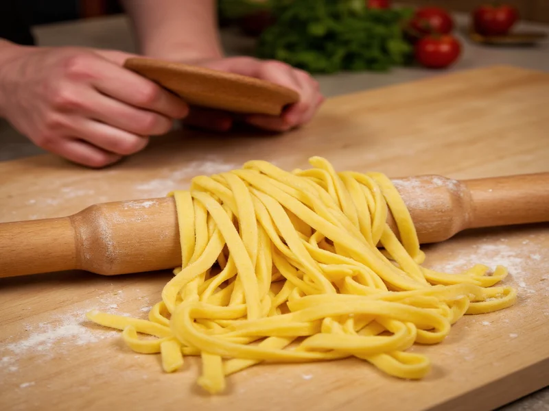Rolling homemade fettuccine on wooden surface