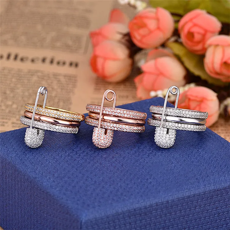 

Simple Design Broochh Pin Rings 3 In 1 Fashion Finger Jewelry Bridal Zirconia Ring Sets Accessory For Women