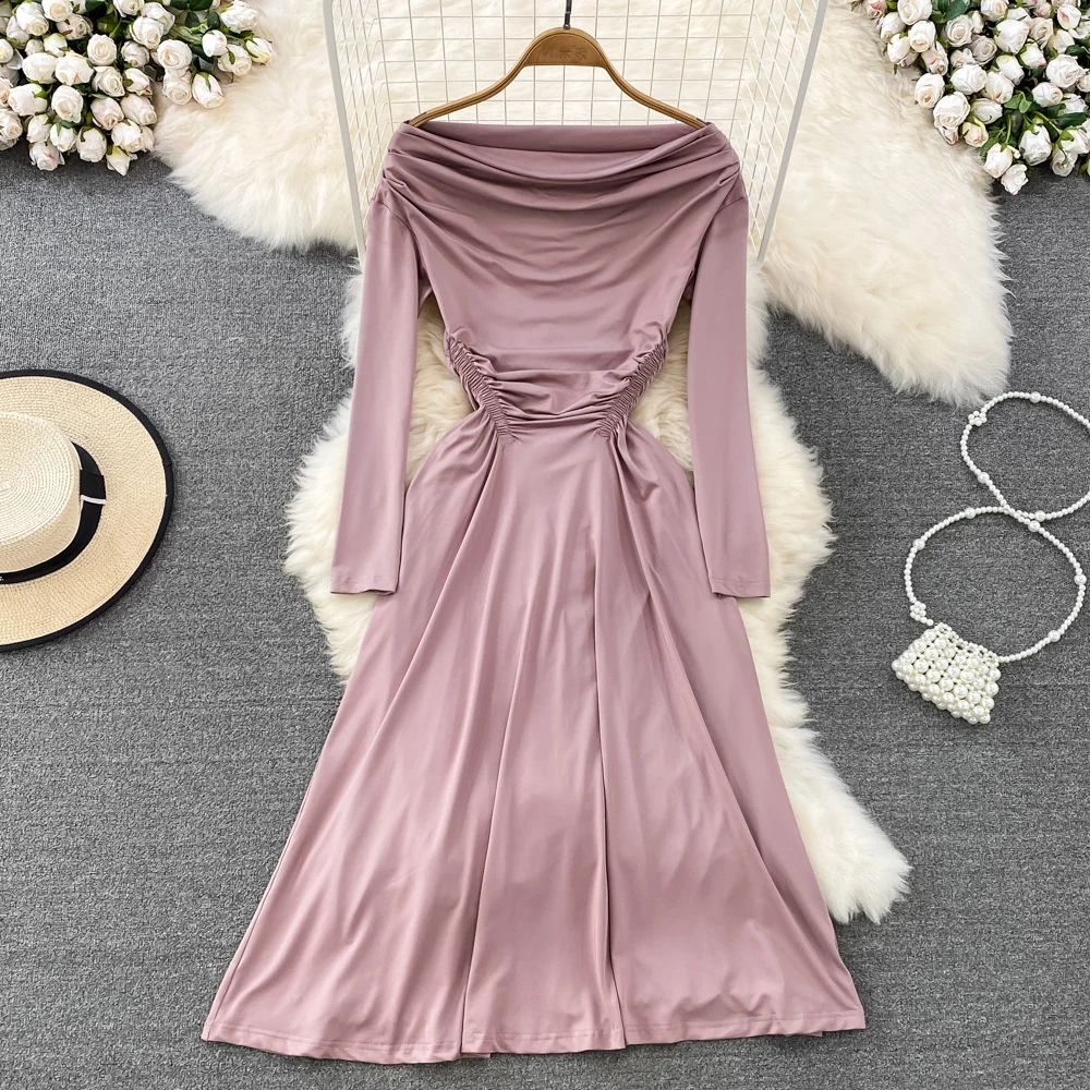 

2023 Fall Korean Strapless Long Sleeve Pleated a-Line Long Women's Dresses