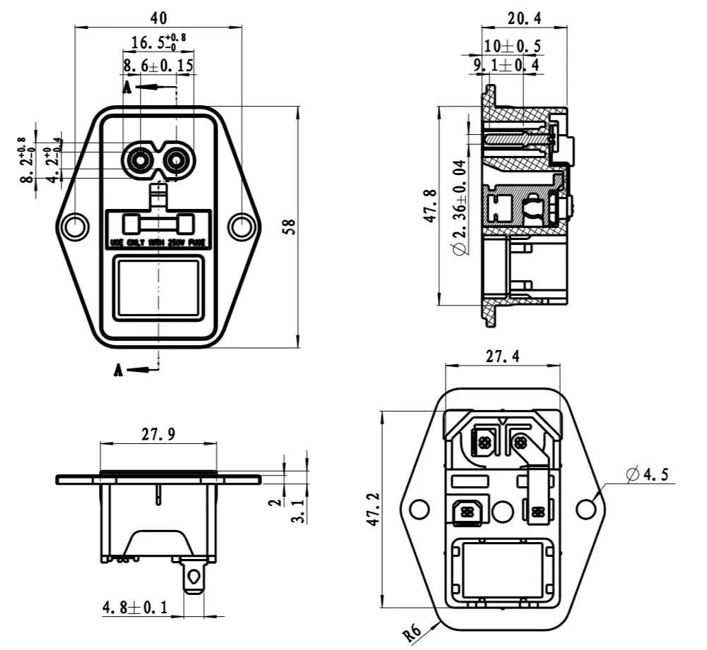 IEC C8 screw mounted fuse female socket plug adapter LED rocker switch