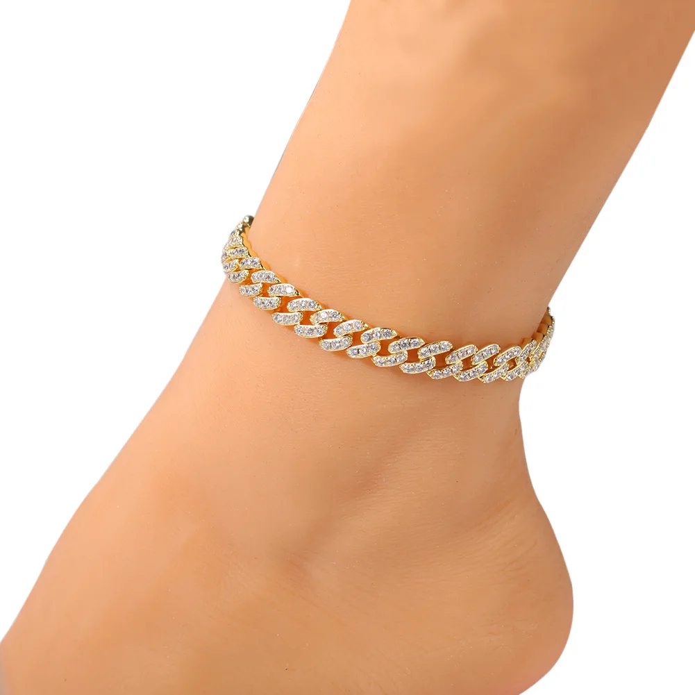 

Hip Hop 18K Gold Plated Micro Inlaid Cubic Zircon CZ Cuban Tennis Ankle Bracelet Iced Out Diamond Chain Cuban Link Anklets Women