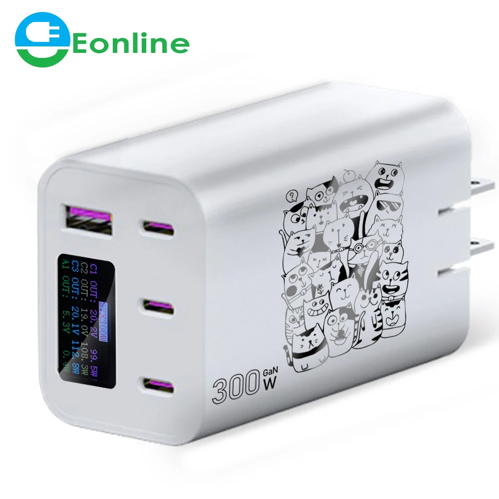 

EONLINE 3D GaN 300W Charger PD3.1 140W+140W AC100-240V LED Intelligent Large Screen Charge Laptop Phone Earphone Fast Charging