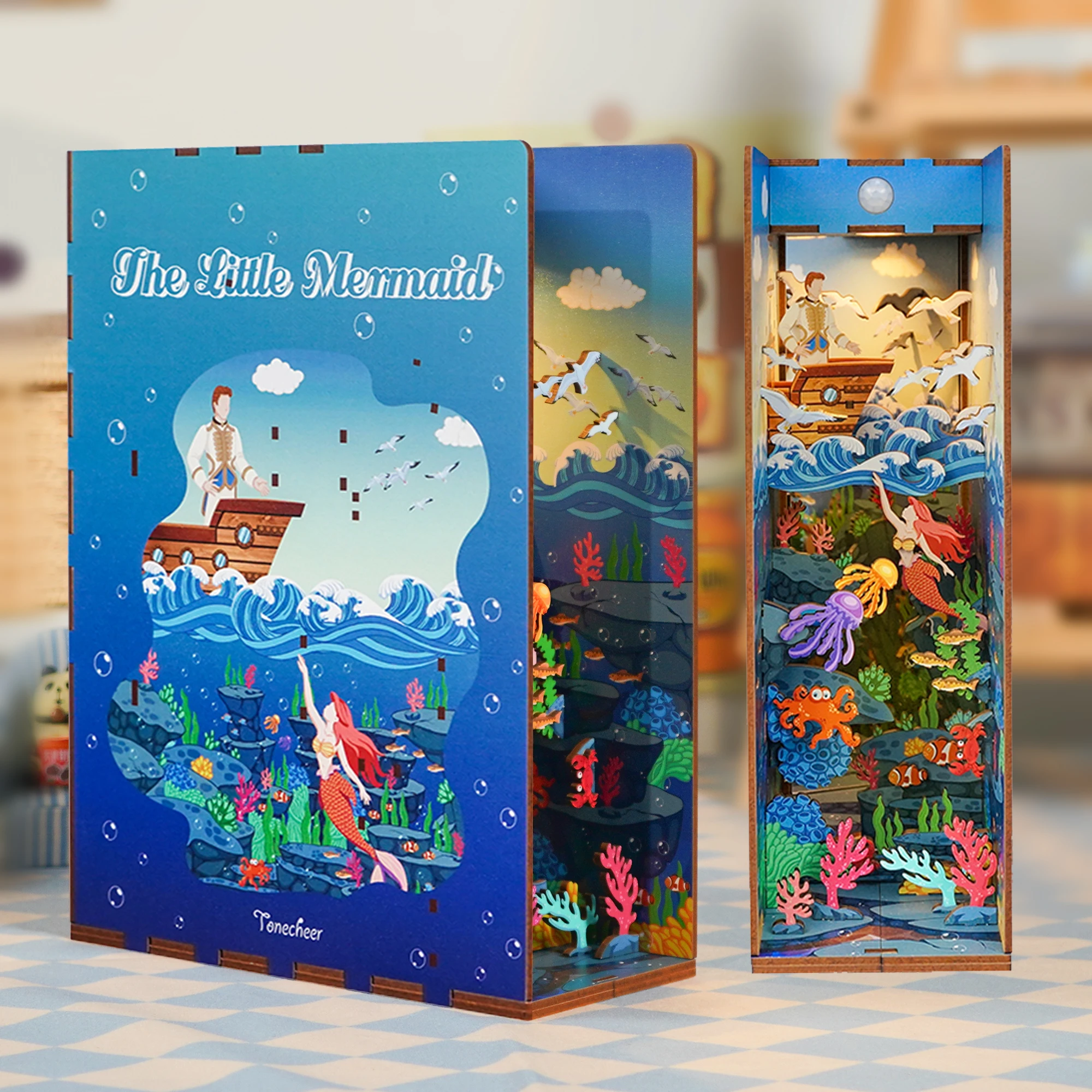 

Tonecheer The Little Mermaid wood jigsaw for kids wooden 3d puzzle Book Nook with body sensor led light