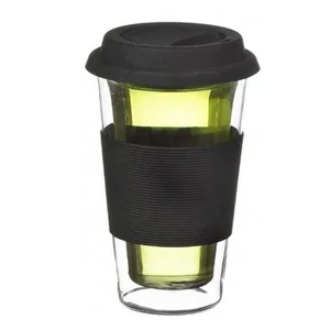 Image of 12 oz Glass Reusable Double Walled Glass Travel Coffee Mug Cup Tumbler with Silicone Lid