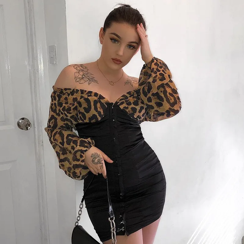 

ZC XD7963W09 Womens Fall Clothing Sexy Leopard Long Sleeve Off Shoulder Mini Dresses, Black