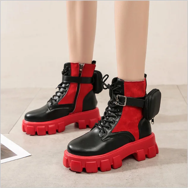 

Large size autumn and winter 2021 British style lace-up sponge cake thick bottom pocket booties women