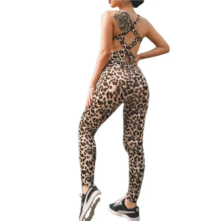 

New Women's Fashion Leopard Print Sports Fitness Cutout Jumpsuit Animal Print One-piece Tights Yoga Suit, Picture color