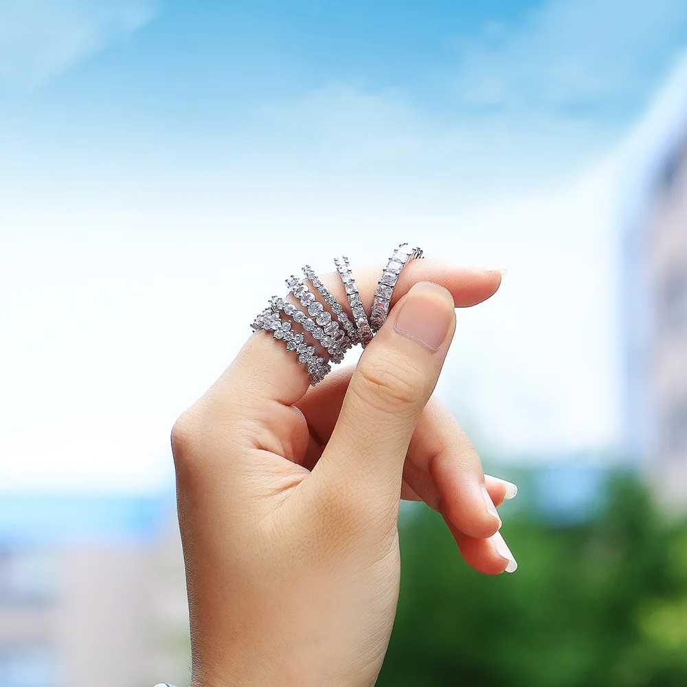 

Minimalist High End Cubic Zirconia Pave Rings Stainless Steel Baguette Rings Bling Crystal Iced Out Finger Ring For Women