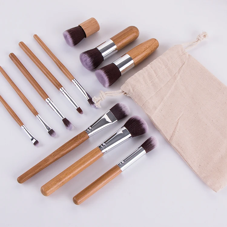 

Makeup Brush Eco Friendly No Smell Biodegradable Bamboo with Cotton Bag 11pcs Synthetic Hair 50 Sets Beauty Cosmetics Tools, As shown