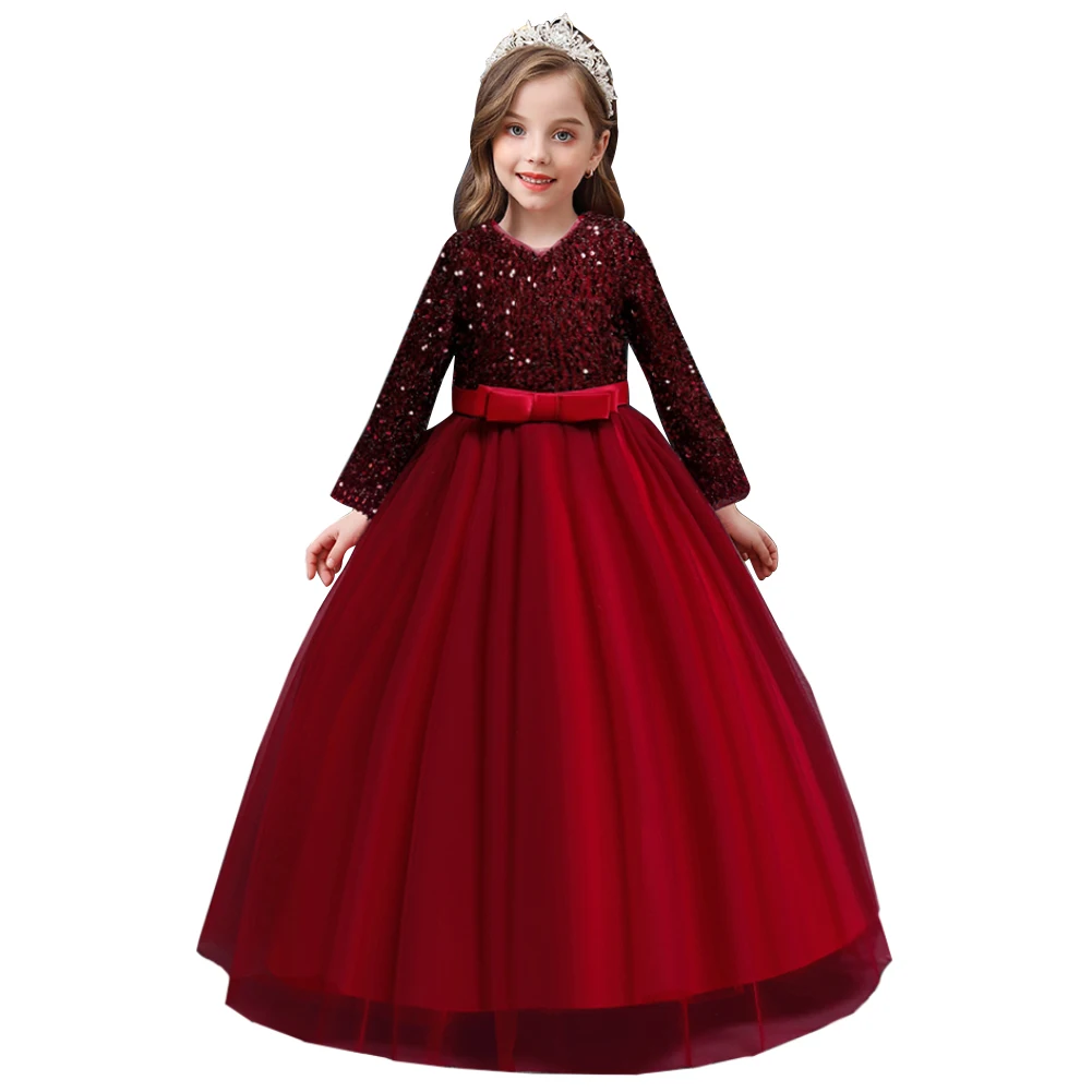 New Sequin princess dress kid red wedding gown for dresses for girls of 10 year old long sleeve one piece girls party dresses