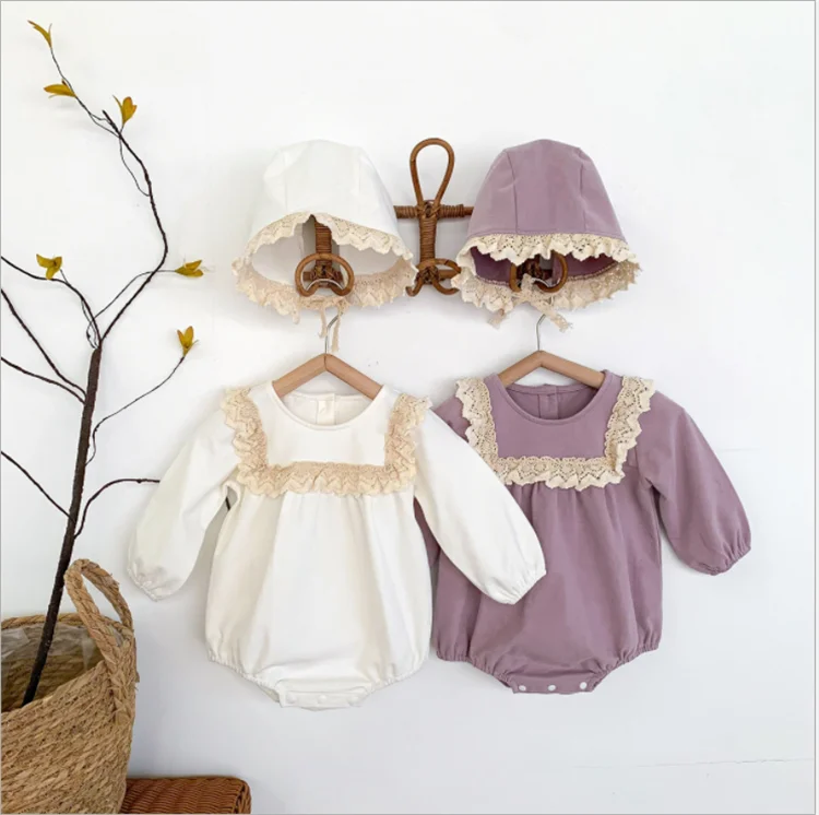 

Fashion Ropa Espaola Para Nias Baby Girl Leaf Collar Lace Side One-piece Cotton Romper 0-2T