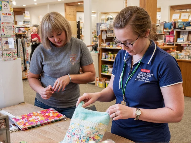 Beverly's Crafts staff helping customer with finished craft project