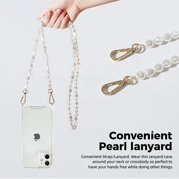 

2022 Girly Amazon Top Seller Pearl Chain Strap Luxury PC TPU Trend Custom Logo Bulk Clear Designer Phone Cases For iPhones